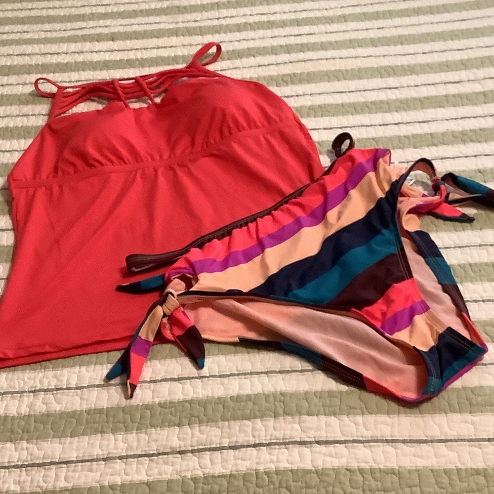 Gibson Latimer Coral Tankini Top with Multicolor Stripe Bikini Bottoms